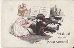 15967- ELLY FRANK ILLUSTRATION, GIRL AND DOG AT PIANO LESSON - Frank, Elly