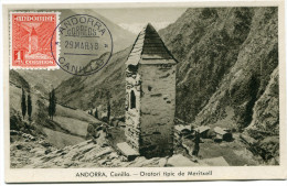 ANDORRE ESPAGNOL CARTE MAXIMUM DU N°49  1p. ORATOIRE DE MERITXELL OBLITERATION ANDORRA 29 MAR. 48 - Cartas & Documentos