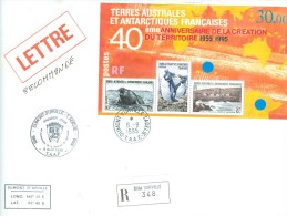 TAAF LETTRE RECOMMANDEE BLOC 40° ANNIVERSAIRE TERRE A ADELIE 6/8/1995 - Covers & Documents