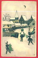 166651 / SILHOUETTE - Illustrator C.H. - CHRISTMAS , LITTLE GIRL BOY TREE MON HOUSE - PITTIUS - Scherenschnitt - Silhouette