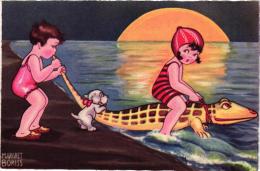 8  Postcards Set Illustrateur Signed Magret Boriss  Fascinating ART Fashion Mode Children Bathing Suites Moonlight - Boriss, Margret