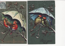 Lots 2 Cp - Couples D'oiseaux Sous Parapluie "Souhaits Sincères" Et " Bonne Année" - Oiseaux