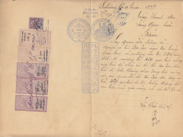 < Cochinchine Feuille D'enregistrement Des Domaines Timbrée à 5 C. Bleu Avec 67 C En Timbres De Droits De Greffe - Storia Postale