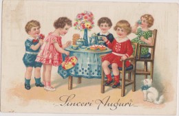 Carte Ancienne De Bonne Année En Italien,avec Chat Blanc,cat,enfants ,repas,fleurs,SINCERI AUGURI,rare - Año Nuevo