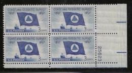 Plate Block -1957 USA Coast & Geodetic Survey Stamp Sc#1088 Flag Ship Sea - Plaatnummers