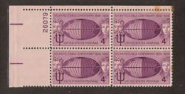 Plate Block -USA 1958 Atlantic Cable Centennial Stamp Sc#1112 Telecom Lady Globe Map - Plaatnummers