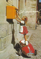 Sweet Blonde Girl Standing At Paddling Paddle Car Reaching Post Box - Humorous Cards