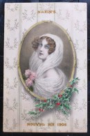 Rare CPA VOEUX? MENU ? Illustrateur WICHERA Art Portrait Femme Medaillon Restaurant MAXIM' S  NOUVEL AN 1908 Vierge - Wichera