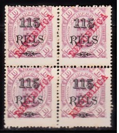 CONGO-1915-  D. Carlos I, C/ Sobga «REPUBLICA» 115 R. S/ 10 R. (QUADRA)   D.13 1/2   P. Porc.  * MH  MUNDIFIL  Nº 125a - Portugees Congo