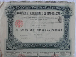 Action 1910 Compagnie Occidentale Madagascar 100 F Action Au Porteur TIMBRE HUMIDE Siege à Paris Emprunt Titre Coupons - Afrika