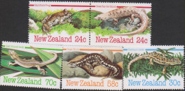 G)1984 NEW ZEALAND, HAMILTON'S FROG-GREAT BARRIER SKINK-HARLEQUIN GECKO-OTAGO SKINK-GOLD STRIPED GECKO, SET OF 5, MNH - Ungebraucht