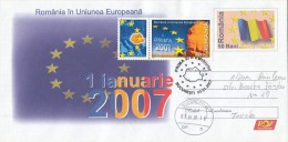 ROMANIA IN EUROPEAN UNION, COVER STATIONERY, ENTIER POSTAUX, OBLIT FDC, 2007, ROMANIA - EU-Organe