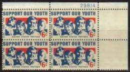 Plate Block -1968 USA Support Our Youth Stamp Sc#1342 Girl Boy - Números De Placas