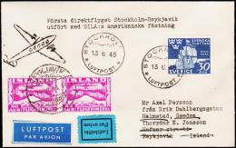 1934. Air Mail. 50 Aur Redlilac. Perf. 14.  First Flight STOCKHOLM - REYKJAVIK 13 6 45.... (Michel: 178A) - JF221005 - Briefe U. Dokumente