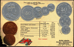 COIN CARDS-EMBOSSED METALLIC COLORS-HONGKONG STRAIT SETTLEMENTS- SCARCE-CC-28-DAMAGED - Monnaies (représentations)