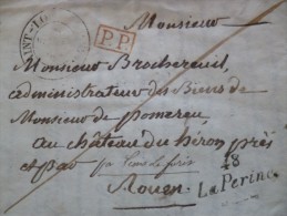 Rare Lettre Cachet PP Rouge Pour Le Château Du Héron. Cachet Lions La Forêt 7/08/1788 + Griffe Linéaire La Perine - 1701-1800: Precursori XVIII