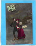 SUPERBE Jeune Couple Patinant Sur Un  étang Gelé TTB -a Voyagé En1905 - Patinage Artistique