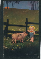 ENFANTS - PIG - Jolie Carte Fantaisie Petit Garçon Avec Cochon Signée COLOMBO - Colombo, E.