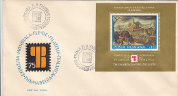 1718FM- BRUXELLES PHILATELIC EXHIBITION, PETER BRUEGHEL THE YOUNG- WINTER PAINTING STAMP SHEET, COVER FDC, 1975, ROMANIA - FDC