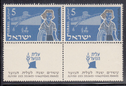 Israel MNH Scott #94 Pair 5p Immigration By Ship With Tab - Right Stamp Has ´extra Porthole´ - Imperforates, Proofs & Errors