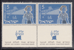 Israel MNH Scott #94 Pair 5p Immigration By Ship With Tab - Right Stamp Has ´extra Porthole´ - Non Dentellati, Prove E Varietà
