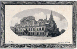 GÜSTROW Markt Rathaus Prägedruck Passepartout Holzrahmen Imitation 10.3.1912 Gelaufen - Guestrow