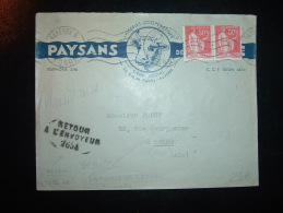 Delcampe - LETTRE VACHE CLOS ST JULIEN LAITERIES COOPERATIVES TP PAIX 50C X2 OBL.MEC.30 VII 40 AUXERRE RP YONNE (89) + INADMIS - Kühe