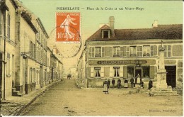 Ed Blossier -Pierrelaye, Place De La Croix Et Rue Victor Hugo Carte Toilée Recto Timbre Semeuse Vermillon 10c 1908 - Pierrelaye