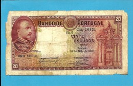 PORTUGAL - 20 Escudos  13/05/1938 - Pick 143 - Chapa 5 - MOUSINHO D´ ALBUQUERQUE - Portugal