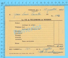 Facture 1965 à ( M. Jean-Louis Lavertu "  Par La Cie De Téléphone De Weedon P. Quebec Canada" ) - Canadá