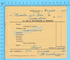 Facture 1965 à ( Ministère De La Voirie Bureau Weedon "  Par La Cie De Téléphone De Weedon P. Quebec Canada" ) - Canadá