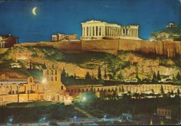 Greece - Postcard Circulated In 1974  - Athens - The Illuminated Acropolis  - 2/scans - Olympic Games