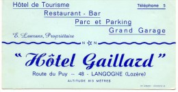 Langogne. Carte De Hôtel-Restaurant. "Hôtel Gaillard" Route Du Puy. - Cartes De Visite