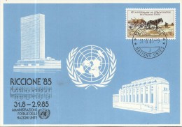 RICCIONE 85 UNITED NATIONS GENEVE GINEVRA ONU UN UNO 1985 ANNIVERSARIO ANNIVERSARY ANNIVERSAIRE MAXIMUM FDC MAXI CARD - Maximumkaarten