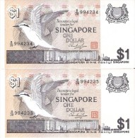 PAREJA CORRELATIVA DE SINGAPORE DE $1 CALIDAD EBC+ (XF)  (BANKNOTE) PAJARO-BIRD - Singapore
