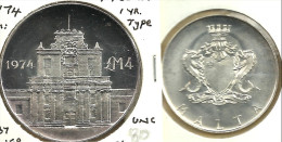 MALTA 4 LIRAS COTLENERA GATE FRONT SHIELD BACK 1974 AG SILVER BUNC KM25 READ DESCRIPTION CAREFULLY!!! - Malte