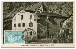 ANDORRE CARTE MAXIMUM DU N°121  4F.  LA MAISON DES VALLEES OBLITERATION 15-2-49 ANDORRE LA VIEILLE - Cartas Máxima