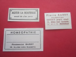 3 étiquettes De Parmacien Pharmacie Pierre BARRY Bd Gambetta MARSEILLE Homeopatie érinnophilie FARMÁCIA  Publicitaire - Etiquettes