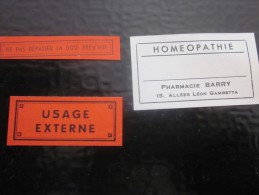 3 étiquettes De Parmacien Pharmacie Pierre BARRY Bd Gambetta MARSEILLE Homeopatie érinnophilie FARMÁCIA  Publicitaire - Labels