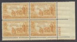 Plate Block -1950 USA California Statehood 100th Ann. Stamp Sc#997 Gold Miner Pioneer Ox Cow Mineral - Números De Placas