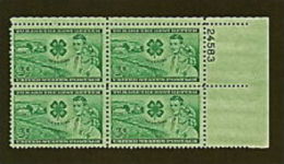 Plate Block -1952 USA 4 -H Club Stamp Sc#1005 Farm Boy Girl - Plaatnummers