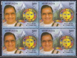 Delcampe - India MNH 2000, Block Of 4,  N.T.Rama Rao, Politician, Actor, Cinema Roll, Sun & Earth, Astronomy, - Blocs-feuillets