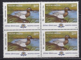 Delcampe - India MNH 2000, Block Of 4, Indepex-Asiana. Migratory Birds, Bird, Garneny Teal - Blocs-feuillets