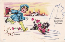 Delcampe - J. GOUGEON .  Mignonnette  7x10,5. Fillette Et Son Chien Courant Dans Paysage De Neige - Gougeon