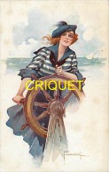 Illustrateur Franzoni, Femme En Tenue De Marin à La Barre D'un Bateau - Altre Illustrazioni