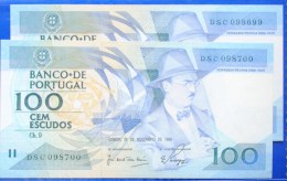 PORTUGAL 100 ESCUDOS  Fernando Pessoa RUNNING NUMBERS 1988 P 179 UNC - Portugal