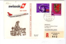 VOL194 - SVIZZERA 1982, Swissair Primo Volo Ginevra Colombo Sri Lanka . Raccomandata - Primi Voli