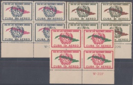 1957-139 CUBA. REPUBLICA. 1957. Ed.718-20 DIA DE LAS NACIONES UNIDAS. ONU. NU. PLATE NUMBER BLOCK 4. GOMA TROPICALIZADA - Ongebruikt
