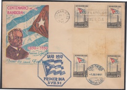 1951-FDC-25 CUBA. REPUBLICA. 1951. SOBRE GALIAS. CENTENARIO DE LA BANDERA. FLAG CENTENARIAL. CENTER OF SHEET 25c. - Neufs