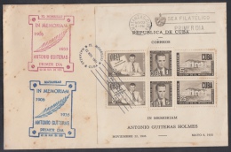 1951-FDC-28 CUBA. REPUBLICA. 1951. ANTONIO GUITERAS. HOJA CASTAÑA CON MARCAS FDC: EL MORRILLO EN ROJO Y MATANZAS EN AZUL - Nuovi